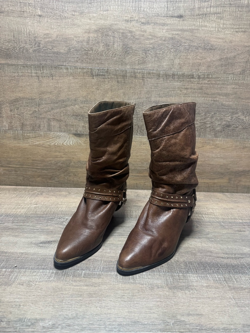 dingo Brown Slouch Mid-Calf Stud Strap Heeled Boots